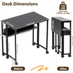 Petit bureau pliable avec étagère de rangement, table d'ordinateur pliable de 80 cm avec roulettes, bureau portable pour petit espace, table de canapé
