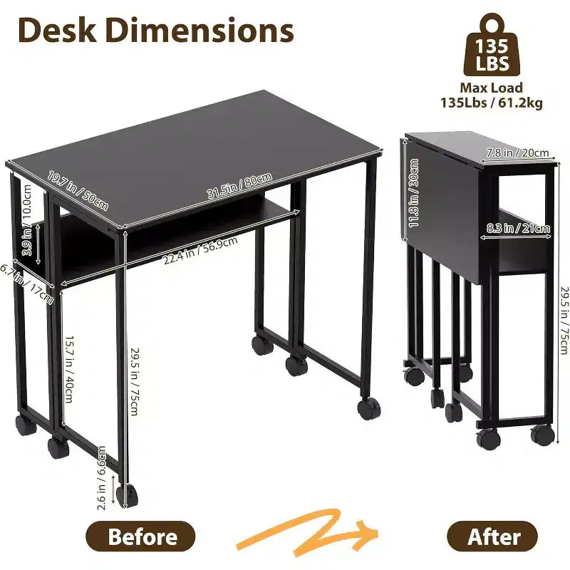 Petit bureau pliable avec étagère de rangement, table d'ordinateur pliable de 80 cm avec roulettes, bureau portable pour petit espace, table de canapé