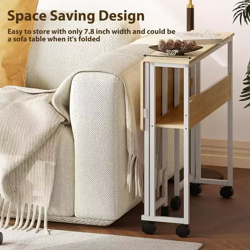 Petit bureau pliable avec étagère de rangement, table d'ordinateur pliable de 80 cm avec roulettes, bureau portable pour petit espace, table de canapé