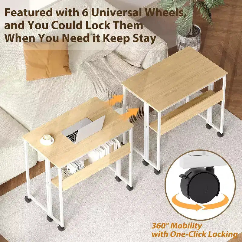 Petit bureau pliable avec étagère de rangement, table d'ordinateur pliable de 80 cm avec roulettes, bureau portable pour petit espace, table de canapé