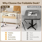 Petit bureau pliable avec étagère de rangement, table d'ordinateur pliable de 80 cm avec roulettes, bureau portable pour petit espace, table de canapé