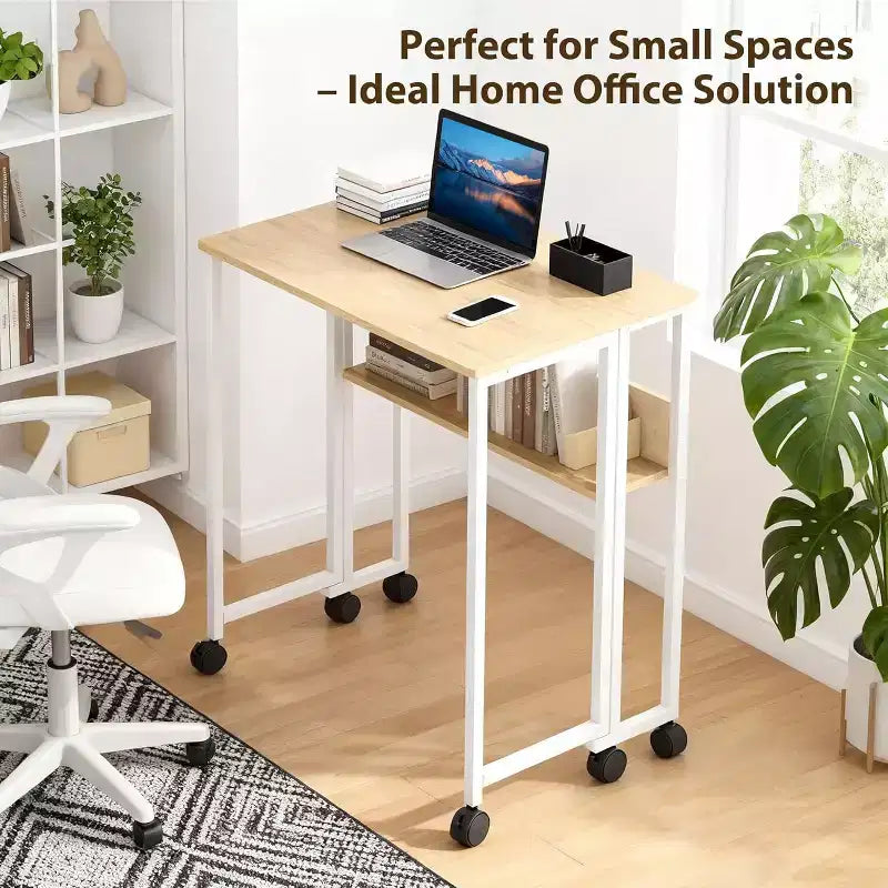 Petit bureau pliable avec étagère de rangement, table d'ordinateur pliable de 80 cm avec roulettes, bureau portable pour petit espace, table de canapé
