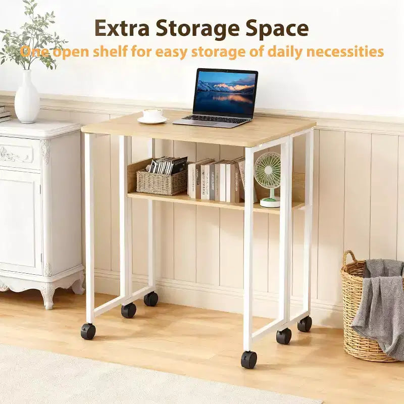 Petit bureau pliable avec étagère de rangement, table d'ordinateur pliable de 80 cm avec roulettes, bureau portable pour petit espace, table de canapé