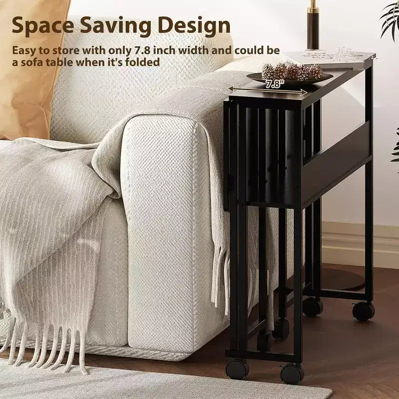 Petit bureau pliable avec étagère de rangement, table d'ordinateur pliable de 80 cm avec roulettes, bureau portable pour petit espace, table de canapé