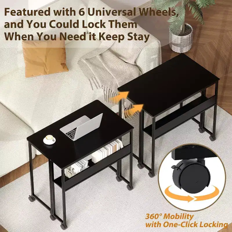 Petit bureau pliable avec étagère de rangement, table d'ordinateur pliable de 80 cm avec roulettes, bureau portable pour petit espace, table de canapé