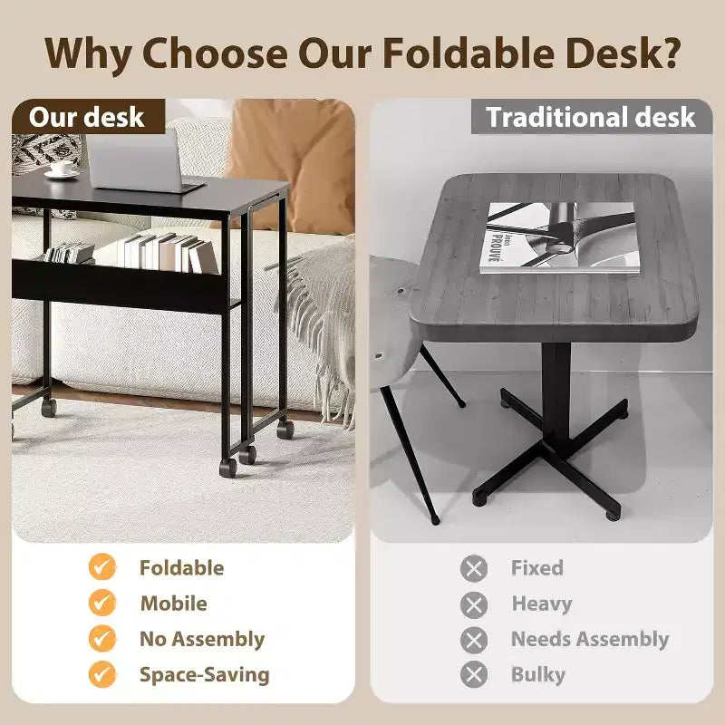 Petit bureau pliable avec étagère de rangement, table d'ordinateur pliable de 80 cm avec roulettes, bureau portable pour petit espace, table de canapé