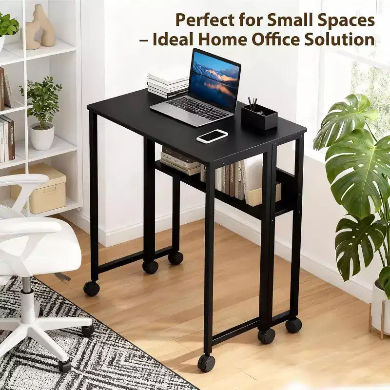 Petit bureau pliable avec étagère de rangement, table d'ordinateur pliable de 80 cm avec roulettes, bureau portable pour petit espace, table de canapé