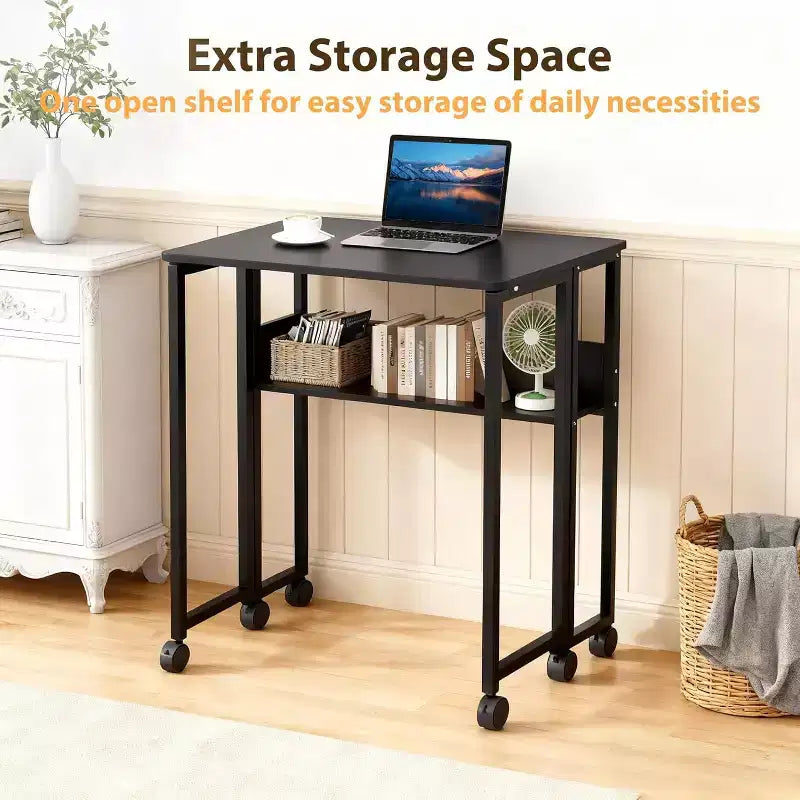Petit bureau pliable avec étagère de rangement, table d'ordinateur pliable de 80 cm avec roulettes, bureau portable pour petit espace, table de canapé