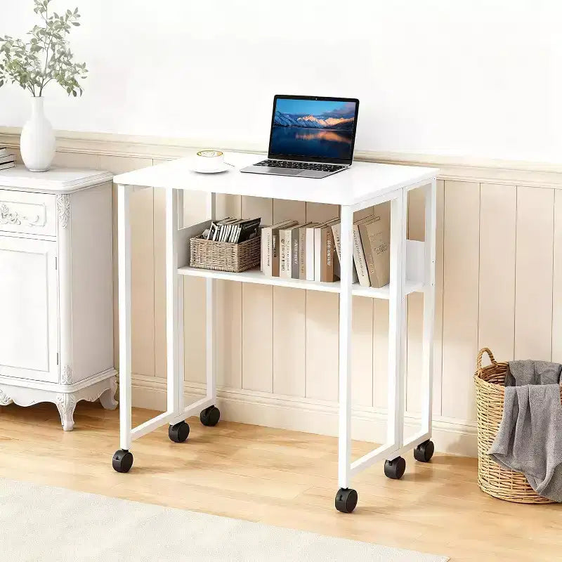 Petit bureau pliable avec étagère de rangement, table d'ordinateur pliable de 80 cm avec roulettes, bureau portable pour petit espace, table de canapé