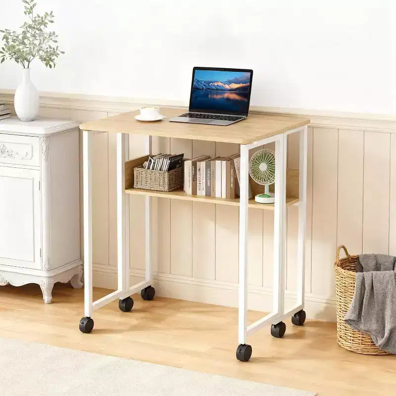 Petit bureau pliable avec étagère de rangement, table d'ordinateur pliable de 80 cm avec roulettes, bureau portable pour petit espace, table de canapé