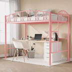 Lit mezzanine double avec échelle et garde-corps arqué, cadre de lit mezzanine en métal robuste pour enfants et adultes, peu encombrant, pas besoin de sommier tapissier, rose