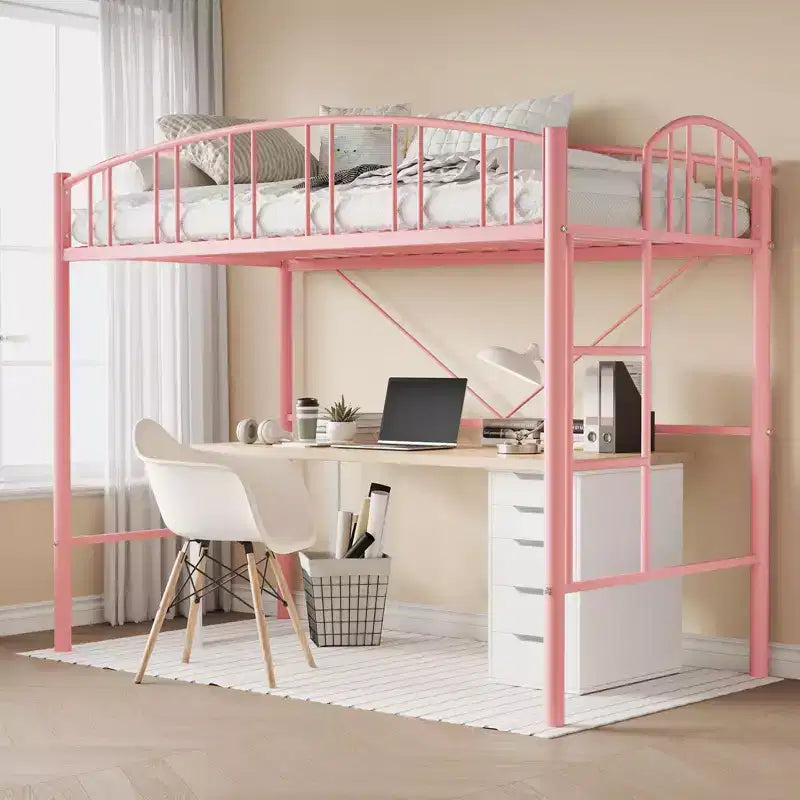 Lit mezzanine double avec échelle et garde-corps arqué, cadre de lit mezzanine en métal robuste pour enfants et adultes, peu encombrant, pas besoin de sommier tapissier, rose