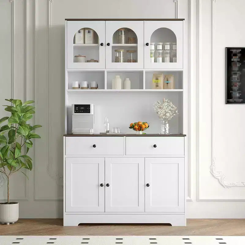GustoWave Armoire de cuisine rustique, 71 po de hauteur, meuble de rangement pour aliments avec étagères ouvertes, plan de travail et vitrine pour salle à manger