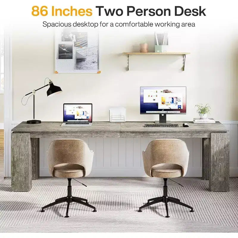 Bureau double Lantine de 86 pouces, poste de travail informatique moderne pour deux personnes et table extra-longue pour le bureau à domicile