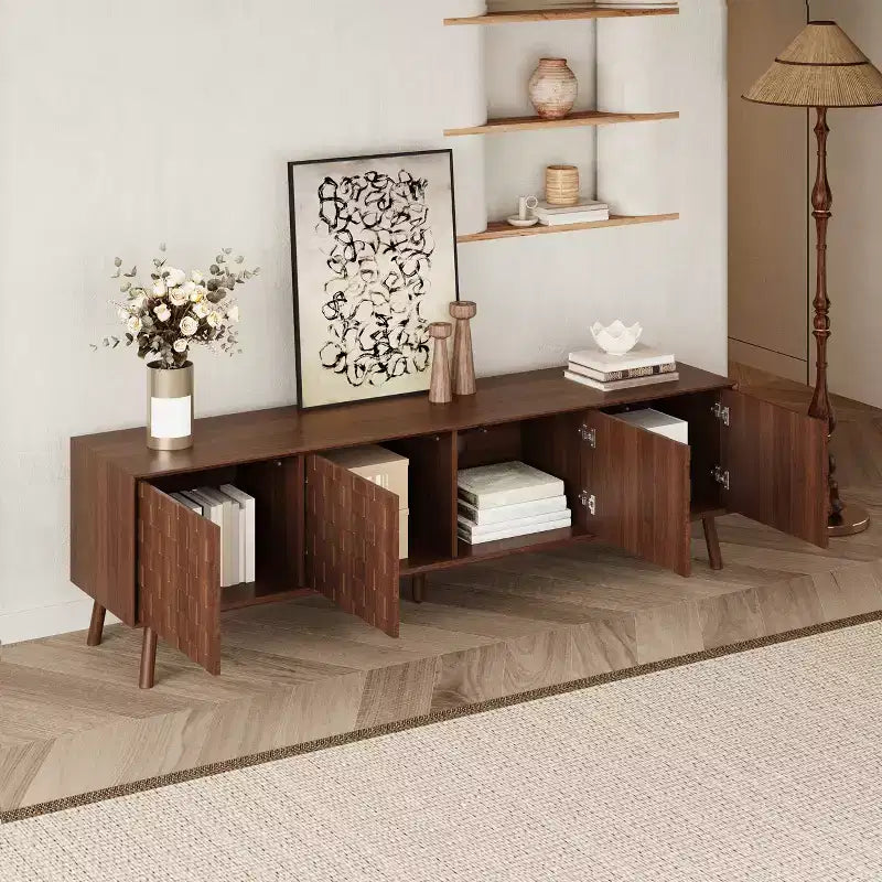 JVNOXK Meuble TV moderne de 178 cm pour téléviseurs jusqu'à 80 pouces, pour salon, meuble de divertissement avec pieds en bois massif et charnières à fermeture douce