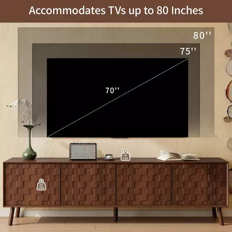 JVNOXK Meuble TV moderne de 178 cm pour téléviseurs jusqu'à 80 pouces, pour salon, meuble de divertissement avec pieds en bois massif et charnières à fermeture douce