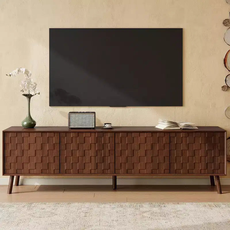JVNOXK Meuble TV moderne de 178 cm pour téléviseurs jusqu'à 80 pouces, pour salon, meuble de divertissement avec pieds en bois massif et charnières à fermeture douce