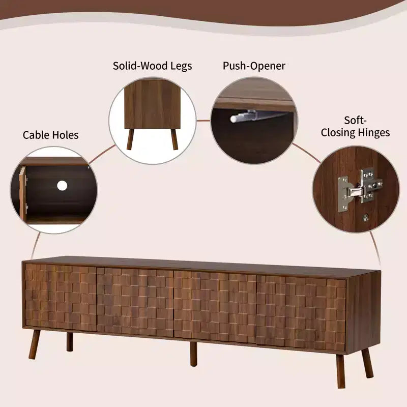 JVNOXK Meuble TV moderne de 178 cm pour téléviseurs jusqu'à 80 pouces, pour salon, meuble de divertissement avec pieds en bois massif et charnières à fermeture douce