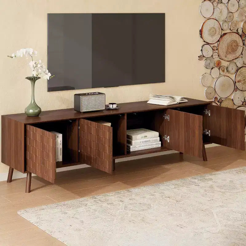 JVNOXK Meuble TV moderne de 178 cm pour téléviseurs jusqu'à 80 pouces, pour salon, meuble de divertissement avec pieds en bois massif et charnières à fermeture douce
