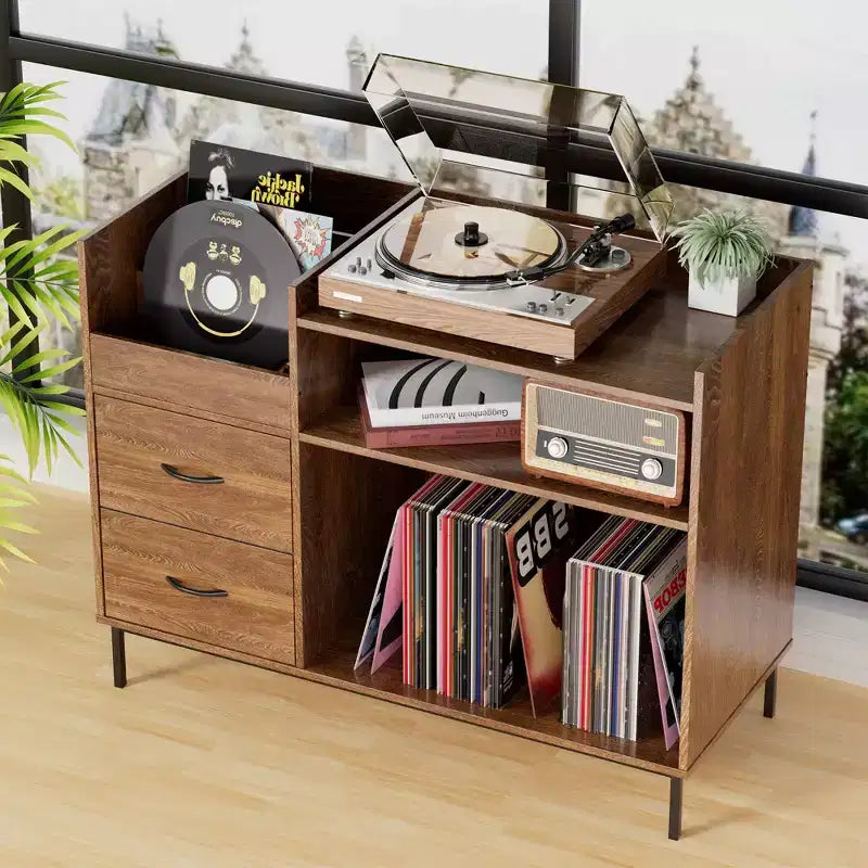 JVNOXK Meuble de rangement pour disques de style médiéval moderne avec tiroirs Combinaison de rangement fonctionnel, peut contenir plus de 500 albums Meuble audio robuste en bois et métal