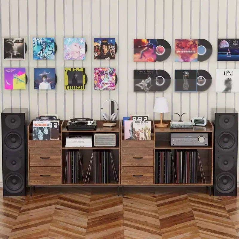 JVNOXK Meuble de rangement pour disques de style médiéval moderne avec tiroirs Combinaison de rangement fonctionnel, peut contenir plus de 500 albums Meuble audio robuste en bois et métal