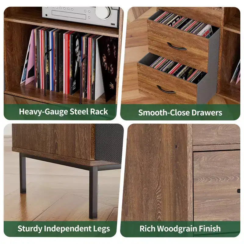 JVNOXK Meuble de rangement pour disques de style médiéval moderne avec tiroirs Combinaison de rangement fonctionnel, peut contenir plus de 500 albums Meuble audio robuste en bois et métal