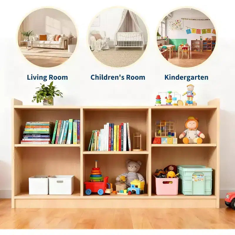 Meuble de rangement 6 compartiments pour jouets et livres avec séparateurs réglables, bibliothèque pour enfants en finition naturelle pour salles de jeux et salles de classe