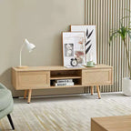 JVNOXK 35.5-inch rattan TV stand with double sliding doors for easy storage and adjustable shelves, natural color