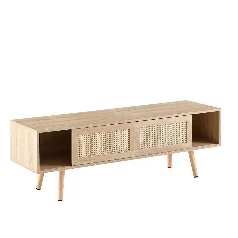 Meuble TV en rotin JVNOXK de 35,5 pouces avec deux portes coulissantes pour un rangement facile et des étagères réglables, couleur naturelle
