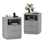 Grey Fluted Nightstand Set of 2 C Modern Farmhouse Bedside Tables with Charging Station & 2-Drawer Storage (Mid-Century Design)