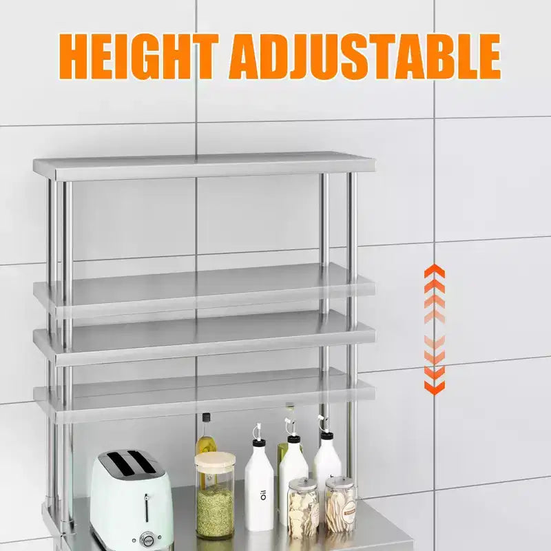 Support de table de travail commercial double couche en acier inoxydable, conception réglable à double couche, convient aux restaurants, cuisines, garages et ateliers