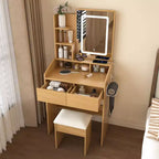 Coiffeuse Okak avec prise de courant, support pour sèche-cheveux et tabouret, bureau de maquillage avec 2 tiroirs et 5 étagères, table de toilette pour chambre à coucher, bois
