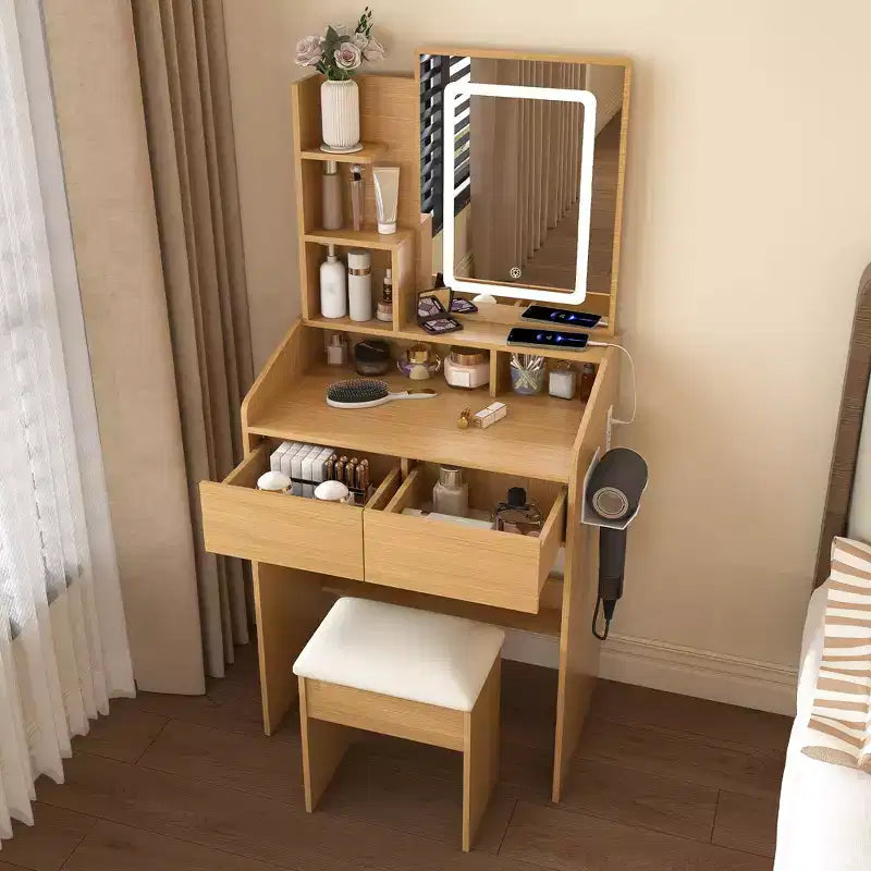 Coiffeuse Okak avec prise de courant, support pour sèche-cheveux et tabouret, bureau de maquillage avec 2 tiroirs et 5 étagères, table de toilette pour chambre à coucher, bois