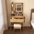 Coiffeuse Okak avec prise de courant, support pour sèche-cheveux et tabouret, bureau de maquillage avec 2 tiroirs et 5 étagères, table de toilette pour chambre à coucher, bois