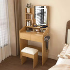 Coiffeuse Okak avec prise de courant, support pour sèche-cheveux et tabouret, bureau de maquillage avec 2 tiroirs et 5 étagères, table de toilette pour chambre à coucher, bois