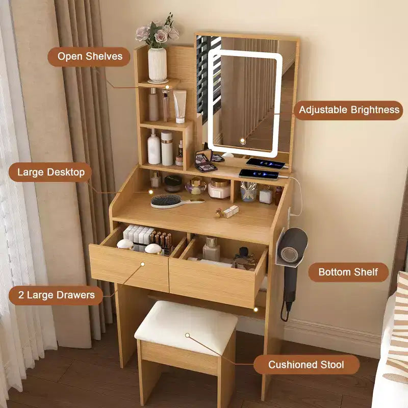 Coiffeuse Okak avec prise de courant, support pour sèche-cheveux et tabouret, bureau de maquillage avec 2 tiroirs et 5 étagères, table de toilette pour chambre à coucher, bois