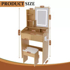 Coiffeuse Okak avec prise de courant, support pour sèche-cheveux et tabouret, bureau de maquillage avec 2 tiroirs et 5 étagères, table de toilette pour chambre à coucher, bois