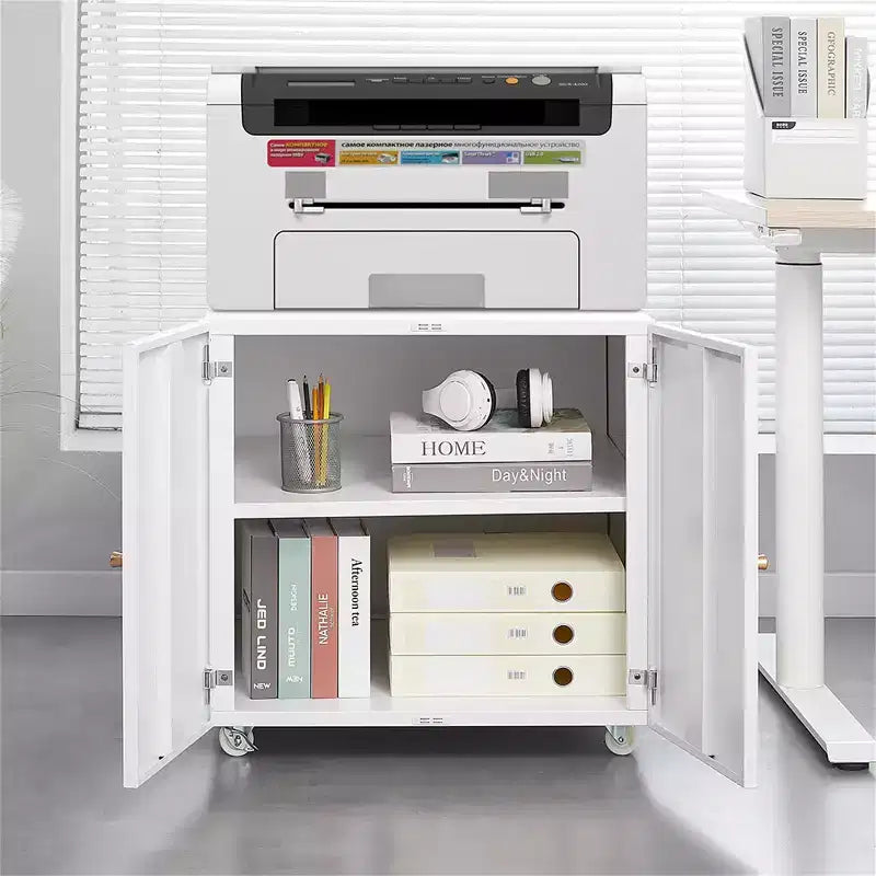 VIYET 23.6x23.6x23.6 Support d'imprimante mobile en métal, meuble de rangement avec étagère réglable et roulettes verrouillables (Blanc)