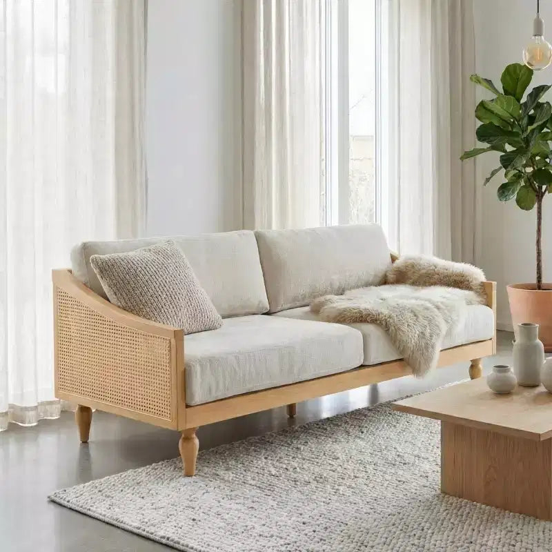 Canapé causeuse du milieu du siècle avec revêtement doux, accoudoirs en rotin et pieds en bois, canapé 2 places pour salon, chambre ou appartement - Panipeachy