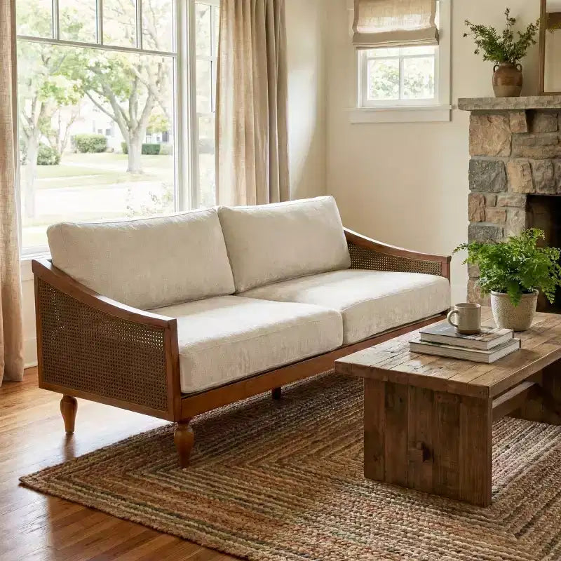 Canapé causeuse du milieu du siècle avec revêtement doux, accoudoirs en rotin et pieds en bois, canapé 2 places pour salon, chambre ou appartement - Panipeachy