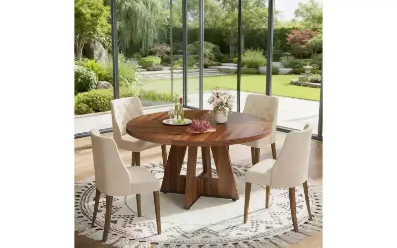 TUYOHW Table à manger en bois avec plateau épaissi, table de cuisine ronde de 120 cm pour 4 à 6 personnes, table spacieuse et multifonctionnelle pour salle à manger et salon