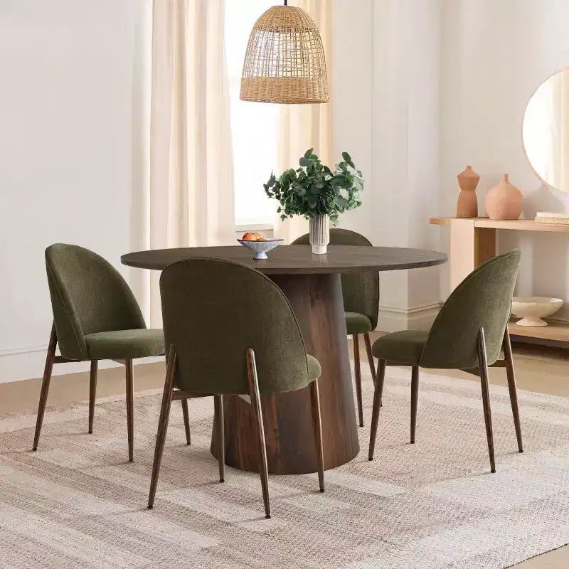 Ensemble de salle à manger rond 5 pièces, table à pied central de 46 po ton noyer et chaises rembourrées sans accoudoirs, pour coins-repas-Panipeachy