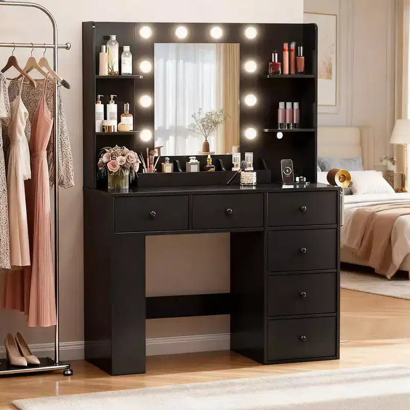 Coiffeuse à double couche avec 6 tiroirs et 3 compartiments, style rangement à panneau latéral, en panneaux de particules blancs plaqués de mélamine texturée.