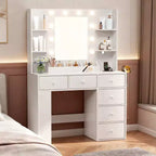 Coiffeuse à double couche avec 6 tiroirs et 3 compartiments, style rangement à panneau latéral, en panneaux de particules blancs plaqués de mélamine texturée.
