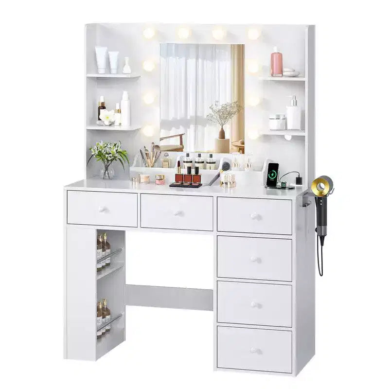 Coiffeuse à double couche avec 6 tiroirs et 3 compartiments, style rangement à panneau latéral, en panneaux de particules blancs plaqués de mélamine texturée.