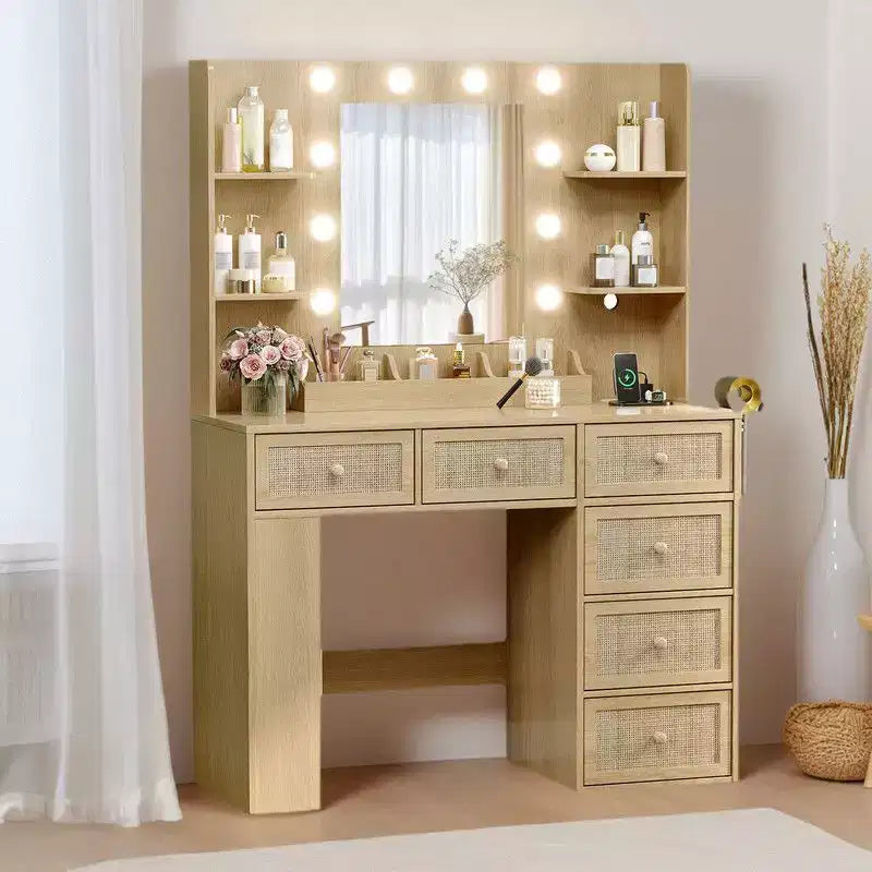 Coiffeuse à double couche avec 6 tiroirs et 3 compartiments, style rangement à panneau latéral, en panneaux de particules blancs plaqués de mélamine texturée.