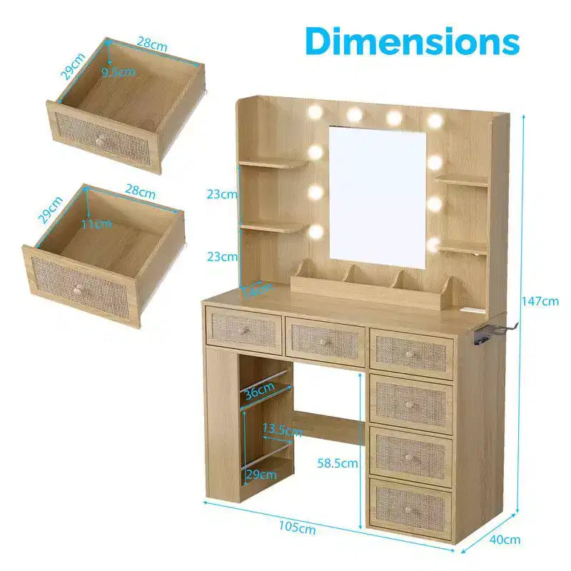 Coiffeuse à double couche avec 6 tiroirs et 3 compartiments, style rangement à panneau latéral, en panneaux de particules blancs plaqués de mélamine texturée.