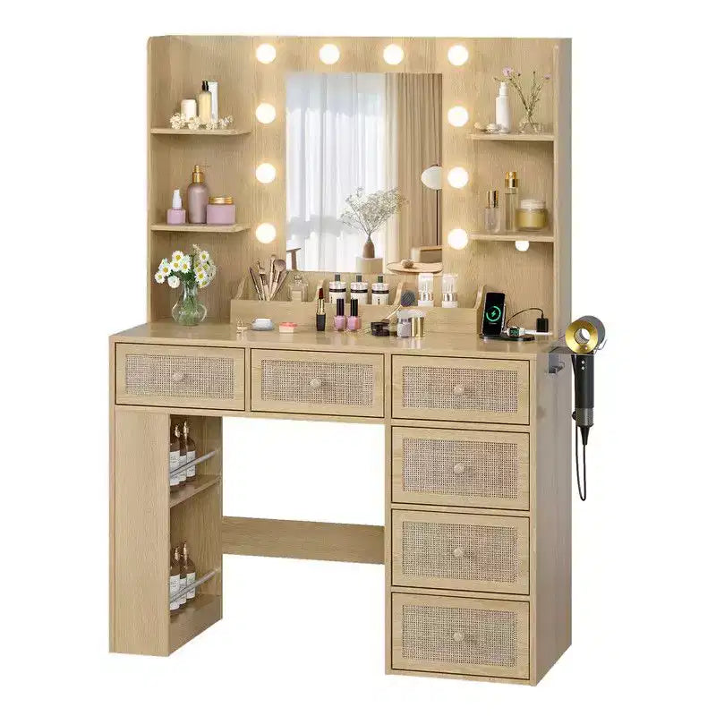 Coiffeuse à double couche avec 6 tiroirs et 3 compartiments, style rangement à panneau latéral, en panneaux de particules blancs plaqués de mélamine texturée.