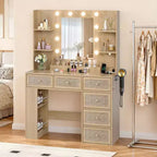 Coiffeuse à double couche avec 6 tiroirs et 3 compartiments, style rangement à panneau latéral, en panneaux de particules blancs plaqués de mélamine texturée.
