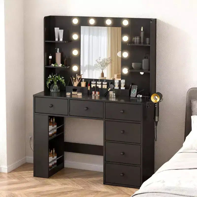 Coiffeuse à double couche avec 6 tiroirs et 3 compartiments, style rangement à panneau latéral, en panneaux de particules blancs plaqués de mélamine texturée.